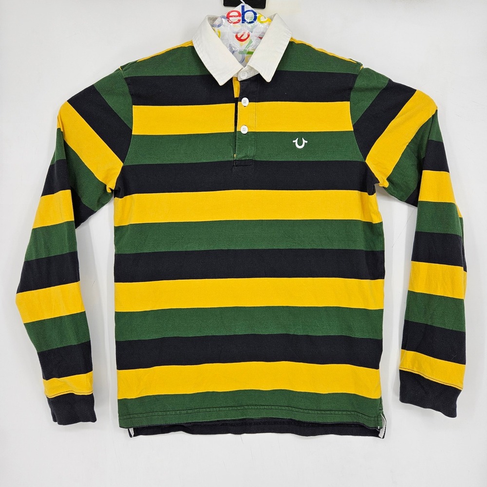 True Religion Rugby Polo Shirt Mens Small Striped Long Sleeve Horseshoe Logo